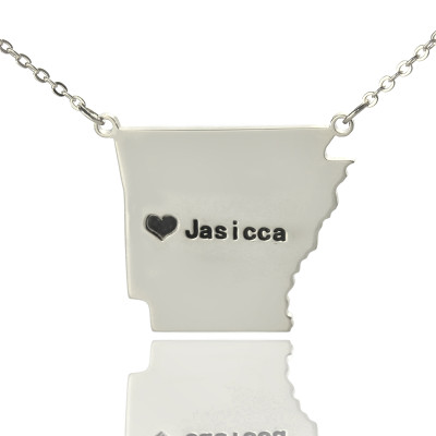 Custom AR State USA Map Necklace With Heart  Name Silver - All Birthstone™