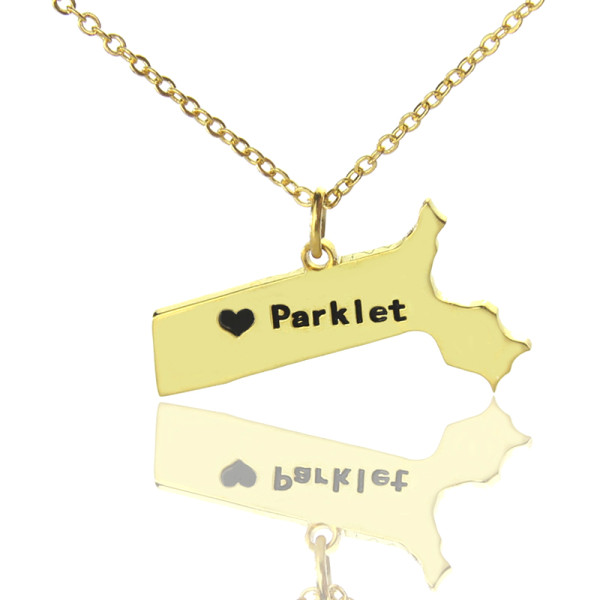 Massachusetts State Shaped Necklaces With Heart  Name Gold Plated - All Birthstone™