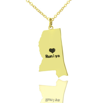 Mississippi State Shaped Necklaces With Heart  Name Gold Plated - All Birthstone™
