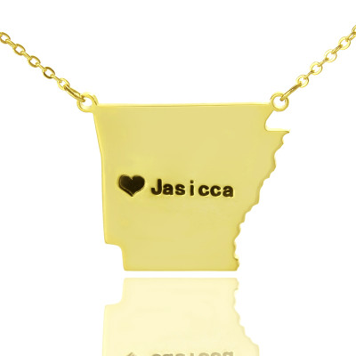 Custom AR State USA Map Necklace With Heart  Name Gold Plated - All Birthstone™
