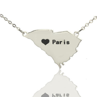 South Carolina State Shaped Necklaces With Heart  Name Silver - All Birthstone™