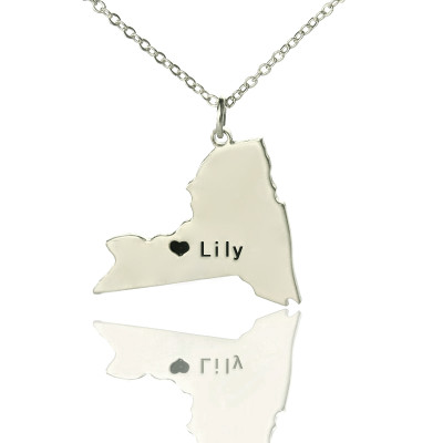 Personalised NY State Shaped Necklaces With Heart  Name Silver - All Birthstone™