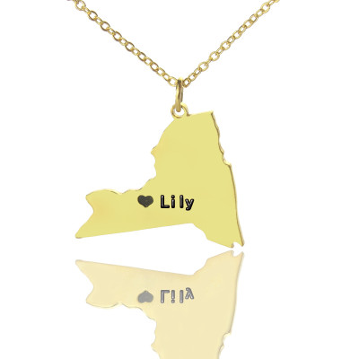 Personalised NY State Shaped Necklaces With Heart  Name Gold Plated - All Birthstone™