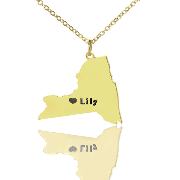 Personalised NY State Shaped Necklaces With Heart  Name Gold Plated - All Birthstone™