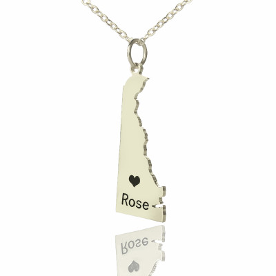 Custom Delaware State Shaped Necklaces With Heart  Name Silver - All Birthstone™