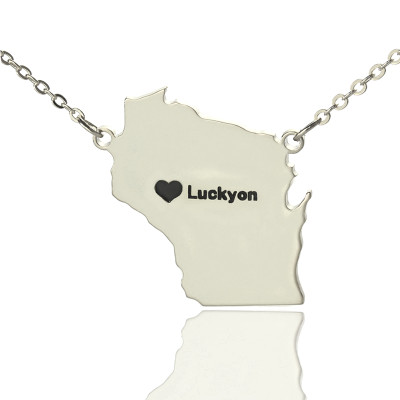Custom Wisconsin State Shaped Necklaces With Heart  Name Silver - All Birthstone™