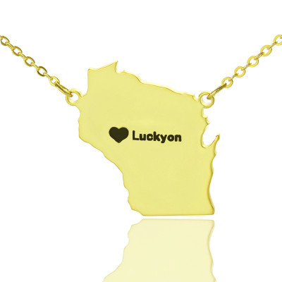 Custom Wisconsin State Shaped Necklaces With Heart  Name Gold Plated - All Birthstone™