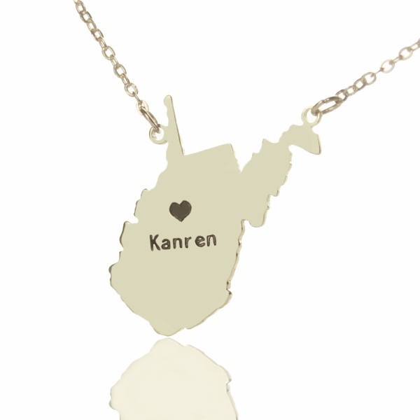 Custom West Virginia State Shaped Necklaces With Heart  Name Silver - All Birthstone™