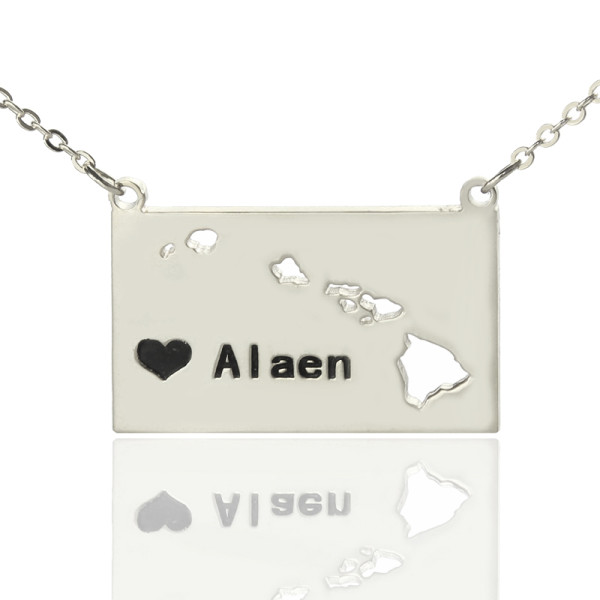 Custom Hawaii State Shaped Necklaces With Heart  Name Silver - All Birthstone™