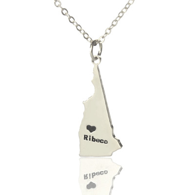 Custom New Hampshire State Shaped Necklaces With Heart  Name Silver - All Birthstone™