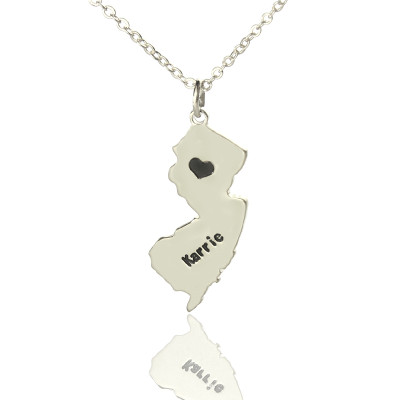 Custom New Jersey State Shaped Necklaces With Heart  Name Silver - All Birthstone™
