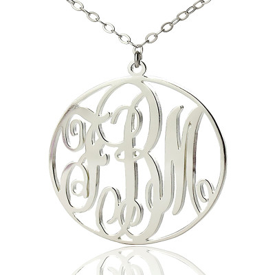 Personalised 18ct White Gold Plated Vine Font Circle Initial Monogram Necklace - All Birthstone™
