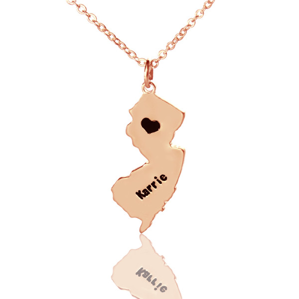 Custom New Jersey State Shaped Necklaces With Heart  Name Rose Gold - All Birthstone™