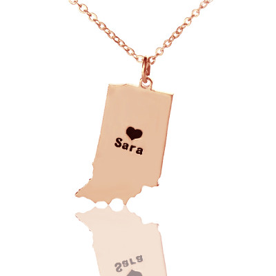 Custom Indiana State Shaped Necklaces With Heart  Name Rose Gold - All Birthstone™