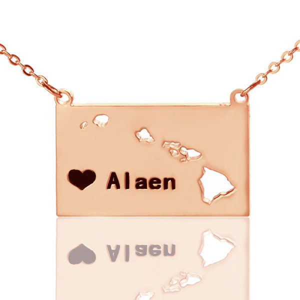 Custom Hawaii State Shaped Necklaces With Heart  Name Rose Gold - All Birthstone™