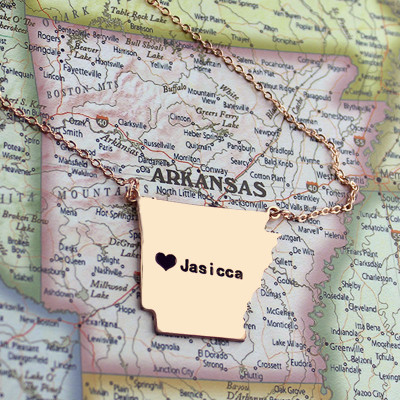 Custom AR State USA Map Necklace With Heart  Name Rose Gold - All Birthstone™