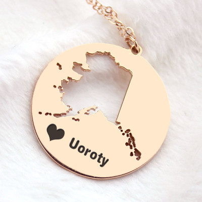 Custom Alaska Disc State Necklaces With Heart  Name Rose Gold - All Birthstone™