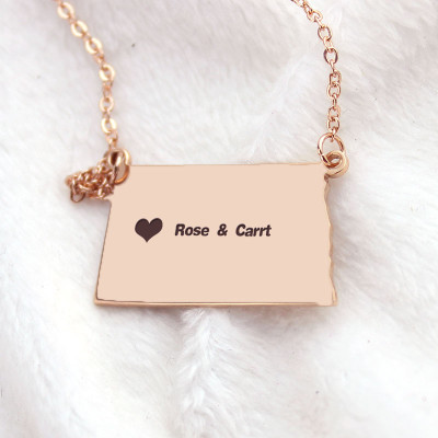 Personalised ND State USA Map Necklace With Heart  Name Rose Gold - All Birthstone™