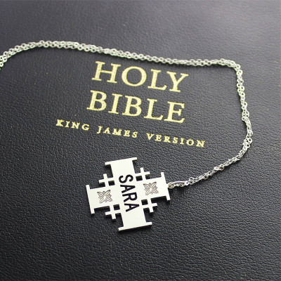 Silver Jerusalem Cross Name Necklace - All Birthstone™