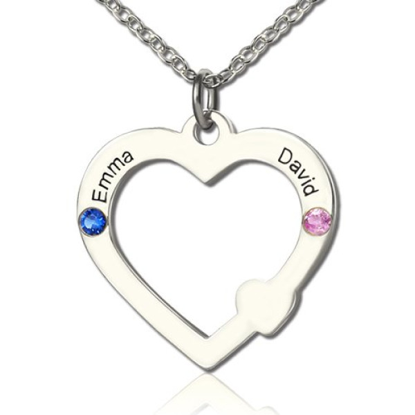 Double Name Open Heart Necklace with Birthstone Sterling Silver  - All Birthstone™