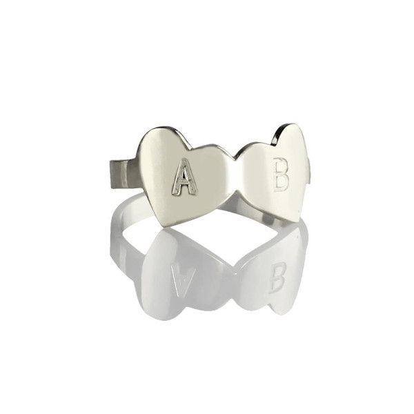 Double Heart Ring Engraved Letter Sterling Silver - All Birthstone™