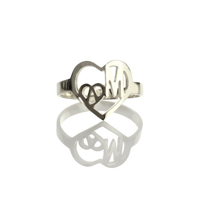 Heart in Heart Double Initials Ring Sterling Silver - All Birthstone™