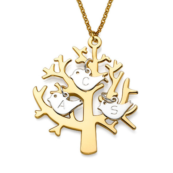 Gold Plated Tree Necklace with 0.925 Silver Initial Birds - All Birthstone™