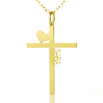 Personalised 18ct Gold Plated Silver Cross Name Necklace with Heart - All Birthstone™