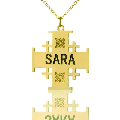 Gold Plated 925 Silver Jerusalem Cross Name Necklace - All Birthstone™