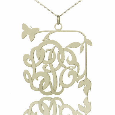 Custom Butterfly Script Monogram Necklace Sterling Silver - All Birthstone™