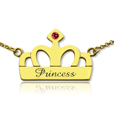 Princess Crown Charm Necklace with Birthstone  Name 18ct Gold Plated  - All Birthstone™