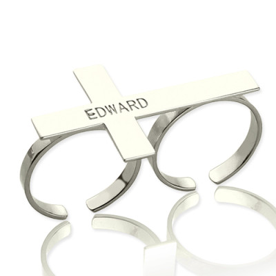 Custom Two finger Cross Ring Engraved Name Sterling Silver - All Birthstone™