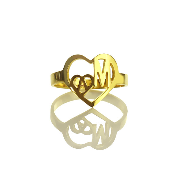 Personalised Heart in Heart Double Initial Ring 18ct Gold Plated - All Birthstone™