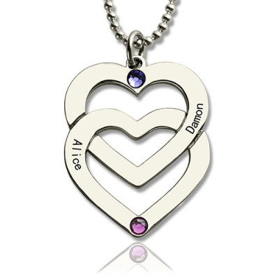 Personalised Double Heart Necklace Engraved Name Sterling Silver - All Birthstone™