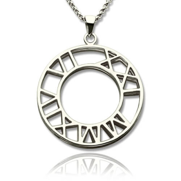 Double Circle Roman Numeral Necklace Clock Design Sterling Silver - All Birthstone™