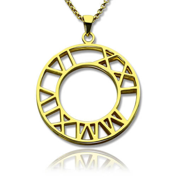 Double Circle Roman Numeral Necklace Clock Design Gold Plated Silver - All Birthstone™