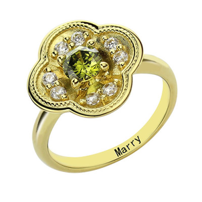 Blossoming Engagement Ring Engraved Birthstone 18ct Gold Plated  - All Birthstone™