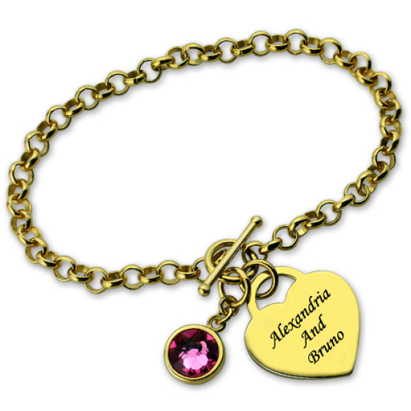 Engravable Birthstone Bracelet with Heart  Name Charm 18ct Gold Plate  - All Birthstone™