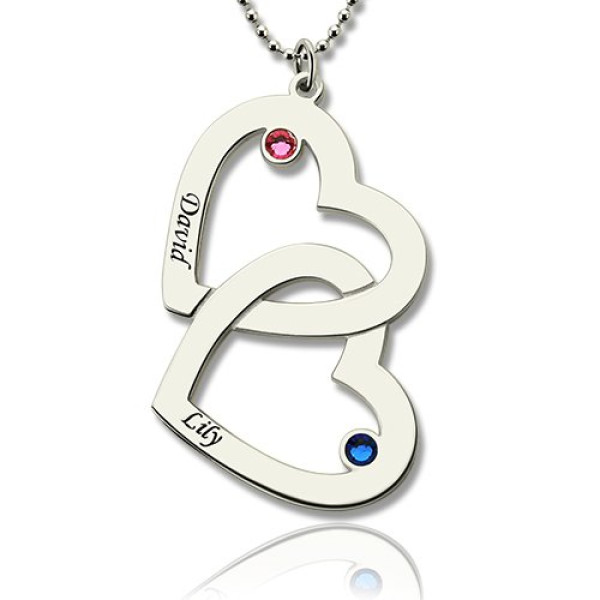 Double Heart Necklace with Name  Birthstones Sterling Silver  - All Birthstone™