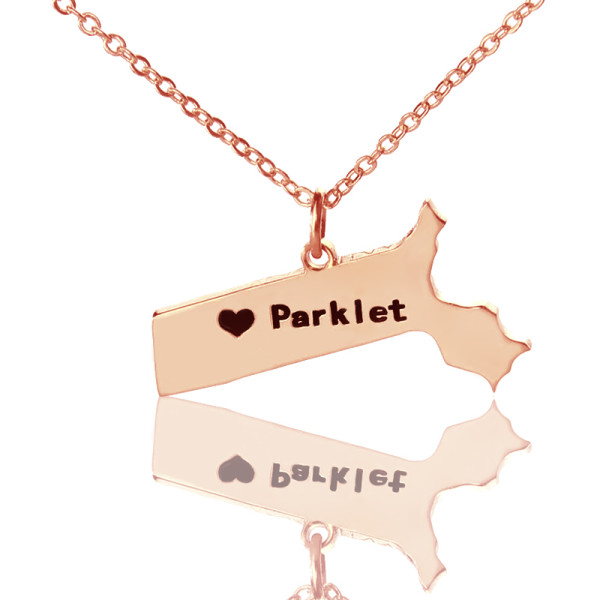 Massachusetts State Shaped Necklaces With Heart  Name Rose Gold - All Birthstone™