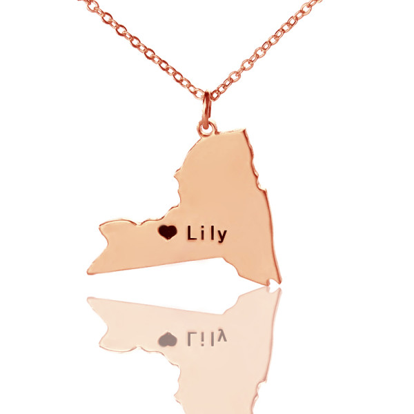 Personalised NY State Shaped Necklaces With Heart  Name Rose Gold - All Birthstone™