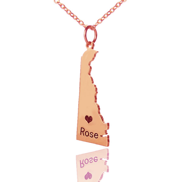 Custom Delaware State Shaped Necklaces With Heart  Name Rose Gold - All Birthstone™