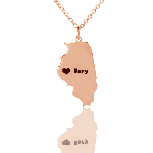 Custom Illinois State Shaped Necklaces With Heart  Name Rose Gold - All Birthstone™