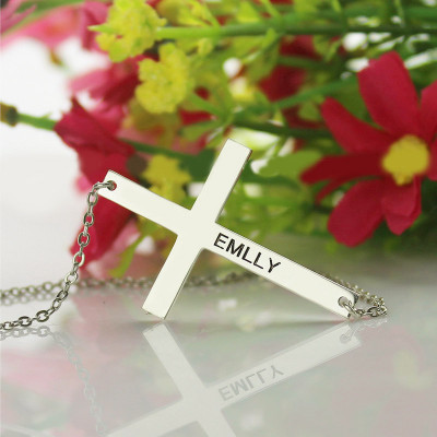 Silver Latin Cross Necklace Engraved Name 1.25" - All Birthstone™