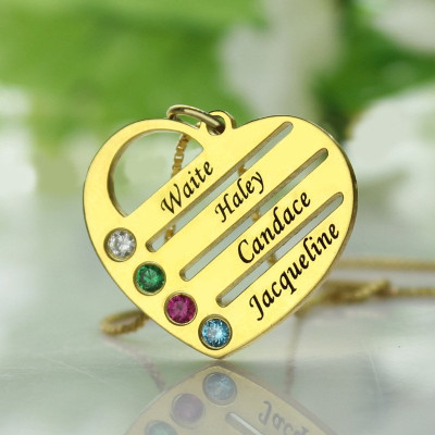18ct Gold Plated Mothers Birthstone Heart Necklace Engraved Names  - All Birthstone™