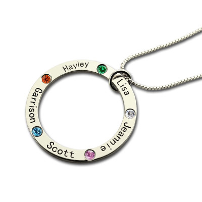 Mothers Family Circle Name Necklace Engraved Birthstone Silver  - All Birthstone™