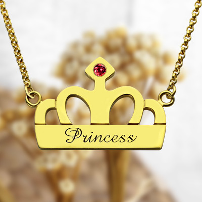 Princess Crown Charm Necklace with Birthstone  Name 18ct Gold Plated  - All Birthstone™