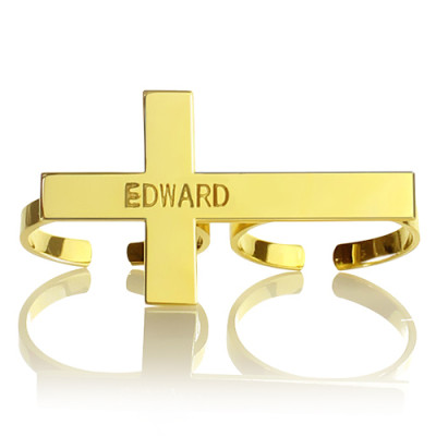 Engraved Name Two finger Cross Ring 18ct Gold Plated - All Birthstone™
