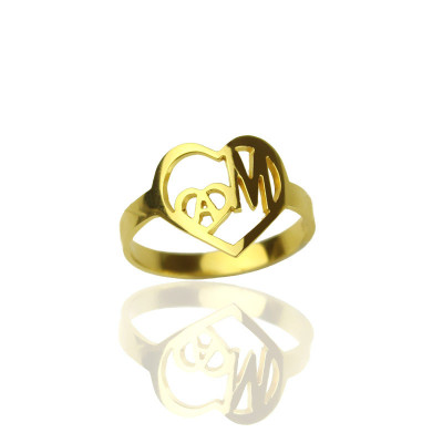 Personalised Heart in Heart Double Initial Ring 18ct Gold Plated - All Birthstone™
