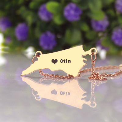 Personalised NC State USA Map Necklace With Heart  Name Rose Gold - All Birthstone™